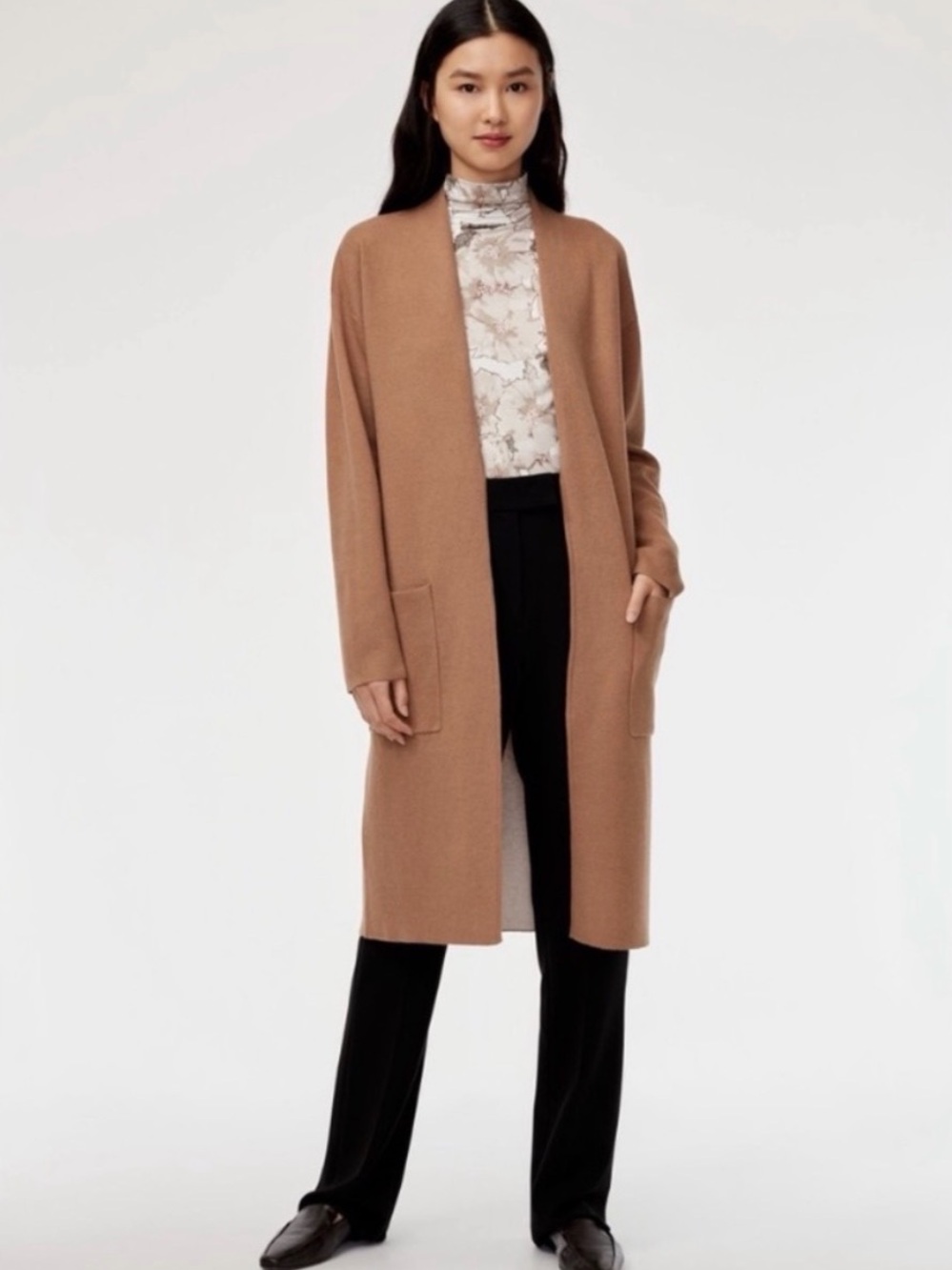 Aritzia Babaton Lance Longline Wool Cardigan Camel Open Front Size M